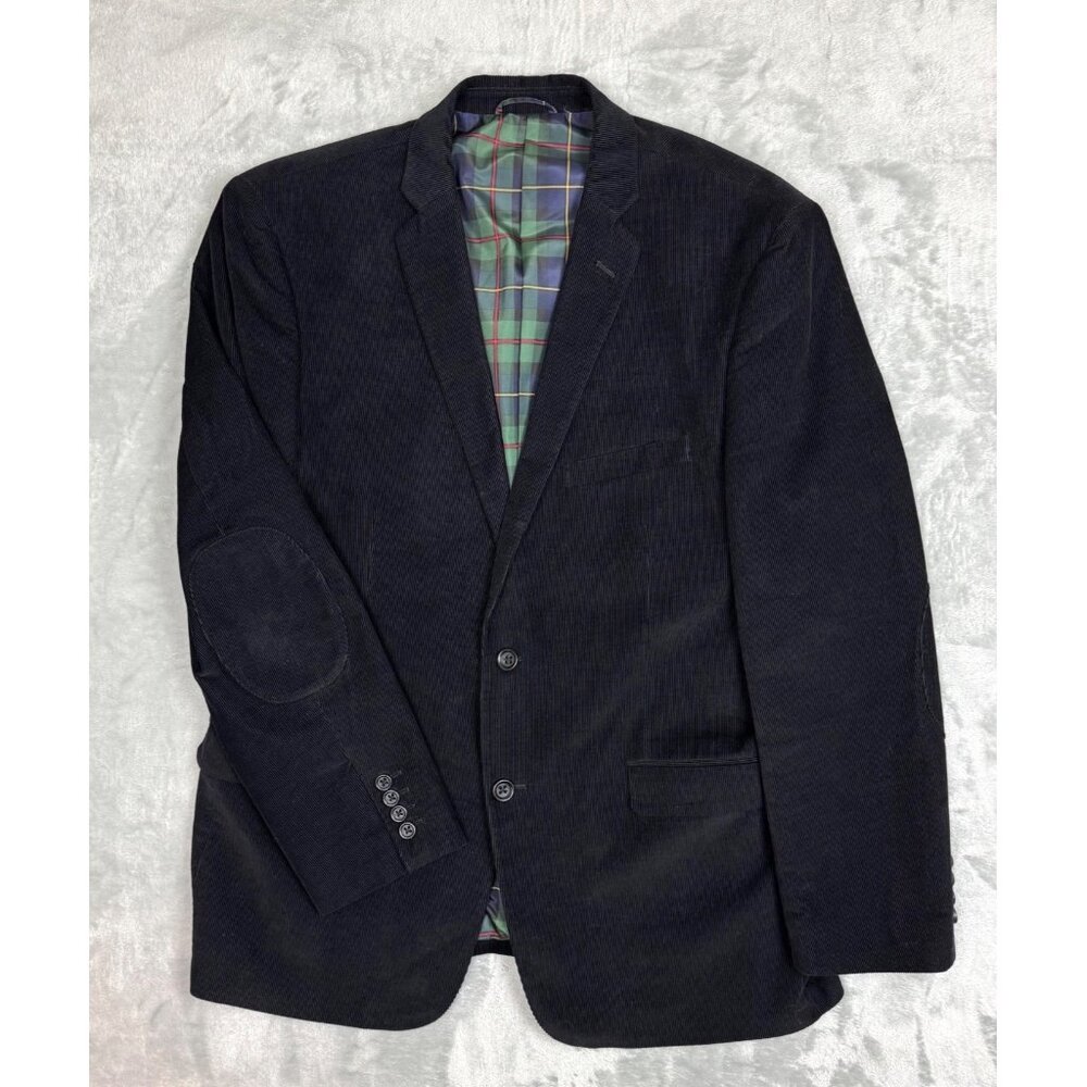 U.S. Polo Assn. Black Corduroy Blazer 44R Elbow Patch Plaid Preppy Old Money